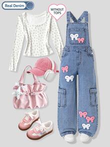 SHEIN ChillGRL Tween Girls Denim Overalls & Jumpsuits New All-Season Blue Distressed Ripped Washed Adjustable Shoulder Strap Bow Towel Embroidery White & Pink Butterfly Pattern Straight Leg Casual Vacation Style Bottoms - Medium Wash - View 3