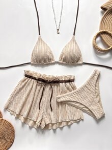 Swim Chiccia Women's Textured Halter Tie Sexy Bikini Two-Piece Swimsuit With Tie Shorts Set - Khaki - View 1