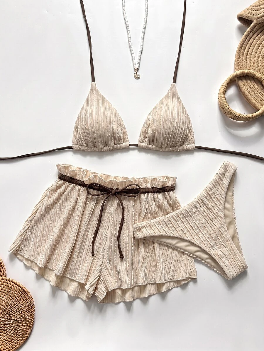 Swim Chiccia Women's Textured Halter Tie Sexy Bikini Two-Piece Swimsuit With Tie Shorts Set - Khaki - View 1