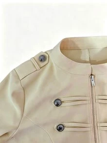 Franclia New Women's Napoleon Style Casual Loose Fit Flattering Slimming Stand Collar Multi-Button Long Sleeve Jacket - Apricot - View 3