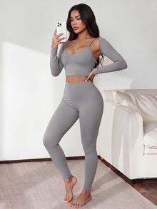 Slayform Slayform Women's Minimalist Modest Camisole, Cropped Long Sleeve Top And Fitted Leggings Sports Set Gym Grey Autumn - Light Grey - View 1