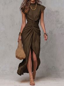 Solivie Women's Solid Color Pleated Elegant Waist-Cinched Long Dress For Party And Gathering - Coffee Brown - View 1