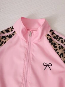 SHEIN 2件組時尚休閒女款/青少年新款拼接拉鍊立領夾克與寬鬆豹紋長褲，適合春秋冬，戶外、旅行、街頭風、日常休閒、居家、旅行、開學季、日常穿搭 - 彩色 - 查看 4