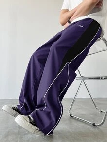 Manfinity EMRG Men's Casual Colorblock Drawstring Straight Leg Pants, Loose Long Patchwork Black Straight Leg Sweatpants For Outdoor - Purple - View 4