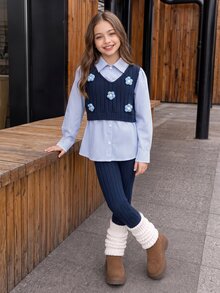 SHEIN Tween Girls Navy Blue 2 In 1 Striped Shirt With Navy Blue Leggings Set, 3D Floral Decoration, Preppy Style Two Pieces Outfit, Autumn - Multicolor - View 3