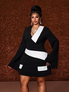 Maweii Plus-Size Women's Black And White Contrast Bell-Sleeve V-Neck Dress Fall - Black and White - View 5