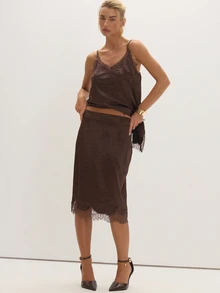 MUSEYN Brown Satin Lace Trim Midi Skirt Date Night Timeless New Season Fall - Brown - View 1