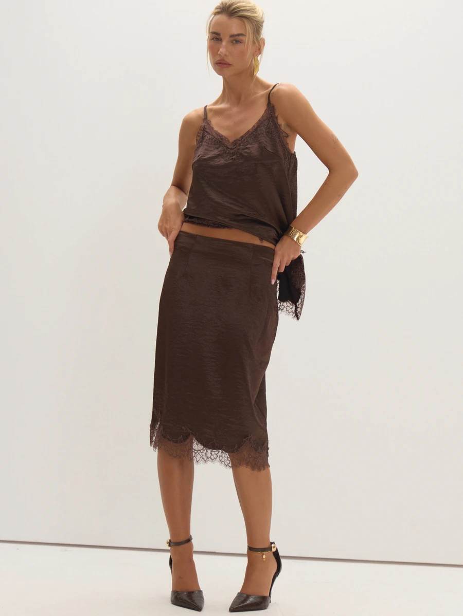 MUSEYN Brown Satin Lace Trim Midi Skirt Date Night Timeless New Season Fall - Brown - View 1