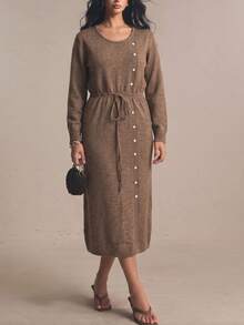 Linhara CURVE Slouchy Cinched Waist Knit Dress, Round Neck Long Sleeve Midi Length Sweater Dress - Brown - View 5