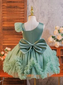 SHEIN Girls' Mesh Asymmetric Shoulder Sequin Princess Dress - Green - View 2