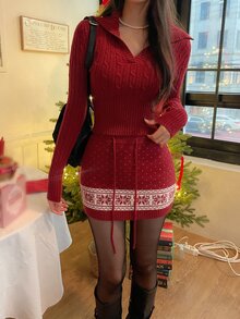 DAZY Women's Solid Color Long Sleeve Christmas Vibe Casual Sweater 2 Pieces Set, Autumn/Winter - Red - View 1