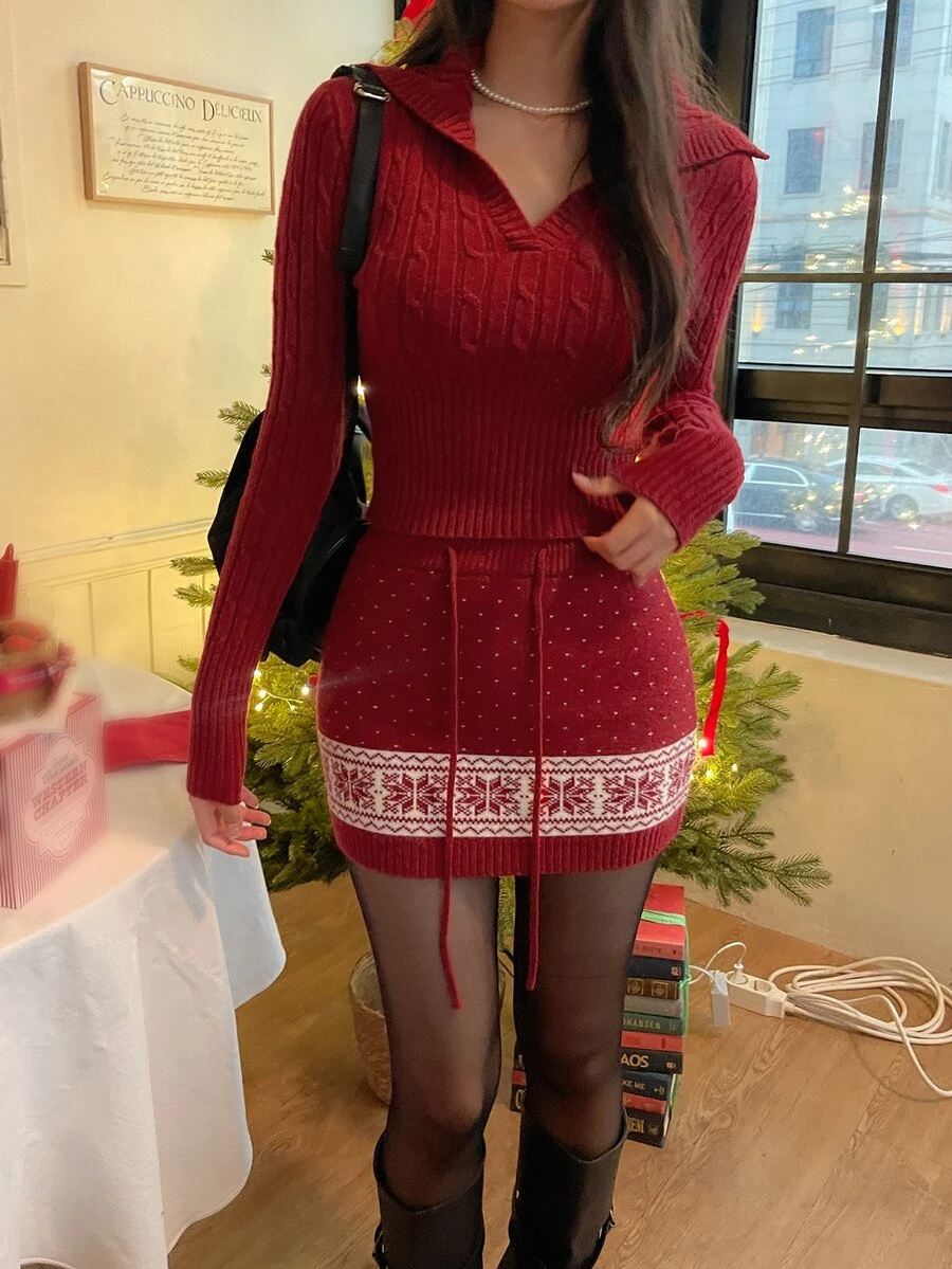 DAZY Women's Solid Color Long Sleeve Christmas Vibe Casual Sweater 2 Pieces Set, Autumn/Winter - Red - View 1