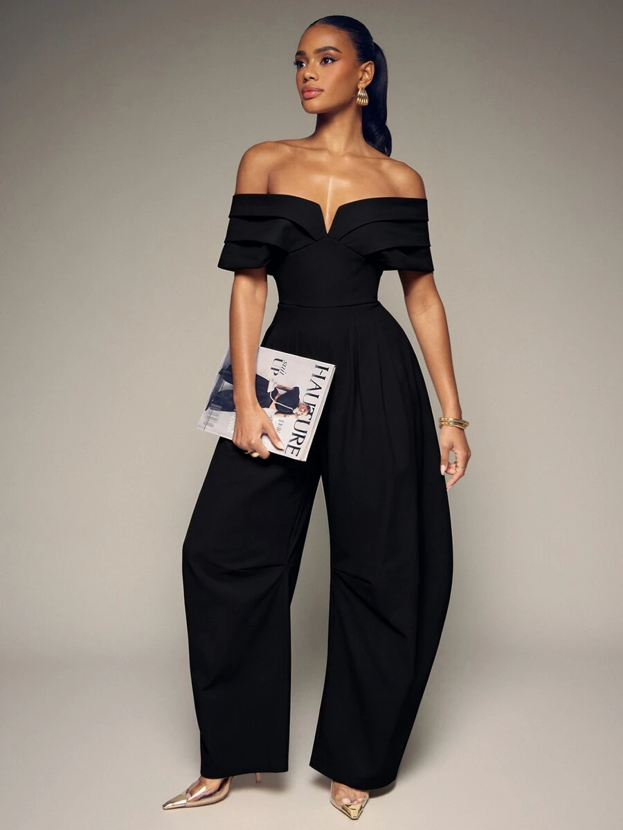 Hauture Off-Shoulder Jumpsuit With A Sculpted Barrel Leg - Black - View 1