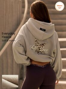 GLOWMODE Cozy Street Collection Everyday Fleece Big Wild Leopard Embroidered Relaxed-Fit Hoodie With Adjustable Drawstring Daily Casual Fall Winter Wear - Khaki - View 1