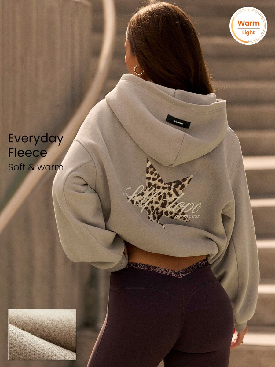GLOWMODE Cozy Street Collection Everyday Fleece Big Wild Leopard Embroidered Relaxed-Fit Hoodie With Adjustable Drawstring Daily Casual Fall Winter Wear - Khaki - View 1