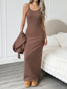 Easowa Women's Solid Color Camisole Dress And Long Sleeve Cardigan Casual Daily 2 Pieces Set - Brown - View 6