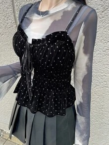 FRIFUL Women's Polka Dot Pleated Casual 90s Inspired Y2k Versatile Daily Wear Camisole Top Going Out Black And White Polka Dot Summer - Black - View 5