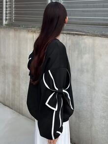 FRIFUL 女款拼色休閒可愛優雅百搭日常長袖運動衫，黑白配色，適合秋季日常約會 - 黑色 - 查看 6