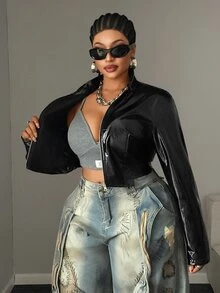 Maweii Plus Size Black Shiny Cropped Jacket Women Stand Collar Zipper Side Cutout Lace-Up Sexy Casual Anti Social Motorcycle Style Autumn Halloween Night Out - Black - View 8