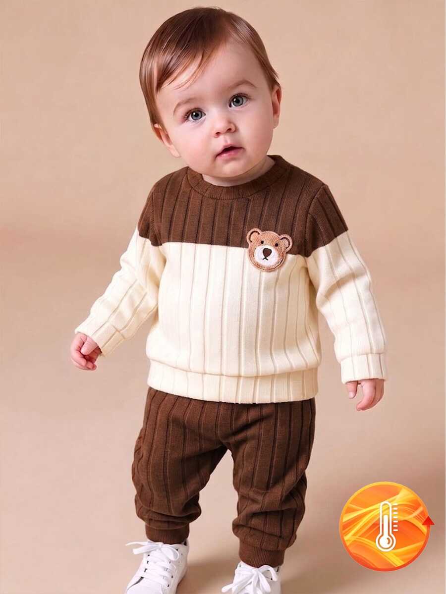 SHEIN Playful Pals Soft Brushed Fabric Bear Embroidery Pattern Contrast Color Baby Boy Casual Set - Brown - View 1