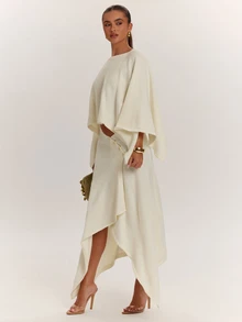 SHEIN BAE French Minimalist Slouchy Design Fashion Simple Shawl Asymmetrical Slimming Elegant Skirt High-Quality 2 Pieces Knit Set - Beige - View 3