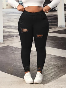 Slaydiva Women's Plus Size Fashion Sexy Versatile Ripped Skinny Jeans - Black - View 3
