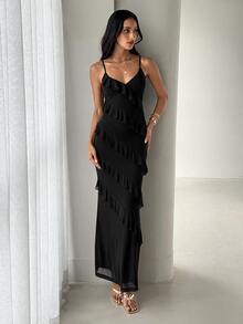 Aloruh Women's Spring/Summer Bohemian Ruffle Trim Slim Fit Dress - Black - View 5