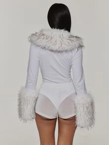 MUSERA White Faux Fur Long Sleeve Unitard Playsuit Autumn Fall Winter Coolgirl Rave Festival Halloween Ultra M - White - View 5