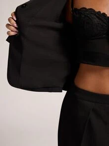 SHEIN BAE طقم بليزر وبنطلون نسائي بتصميم بسيط وعملي، مناسب للملابس اليومية وملابس المكتب والتجمعات الاجتماعية - الأسود - مشاهدة 7