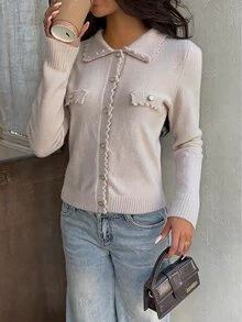 FavEase Women's Autumn/Winter Casual Youthful Horizontal Pocket Lace Patchwork Knit Cardigan - Pink - View 3