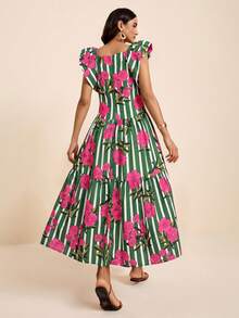 LOTSLUV Women's Spring/Summer Vacation V-Neck Structured Ruffle Embroidered Cinched Waist Ruched Blue Striped And Pink Floral Placement Print Dress - Green - View 2