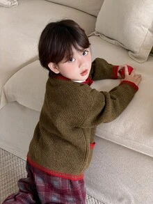 DAZY Infant (Boy) Colorblock Korean Style Autumn/Winter Long Sleeve Cardigan - Dark Green - View 3