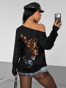SHEIN ICON Halloween Spider Web Back Hollow Out Large Scoop Neck Long Sleeve T-Shirt - Black - View 1