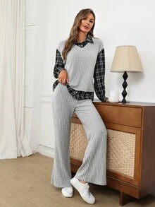 EMERY ROSE Women's Patchwork Plaid 2 In 1 Long Sleeve Top And Pants Casual Two Pieces Set - Grey - View 4