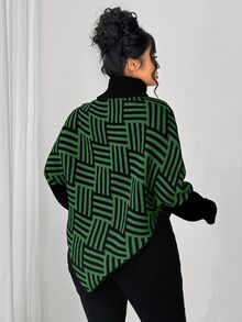 Elenzga 大尺碼針織高領不對稱蝙蝠袖長袖拼色毛衣，休閒舒適 - 彩色 - 查看 2