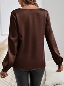 EMERY ROSE Women's Elegant Commuter Style Round Neck Long Sleeve Shirt - Brown - View 2