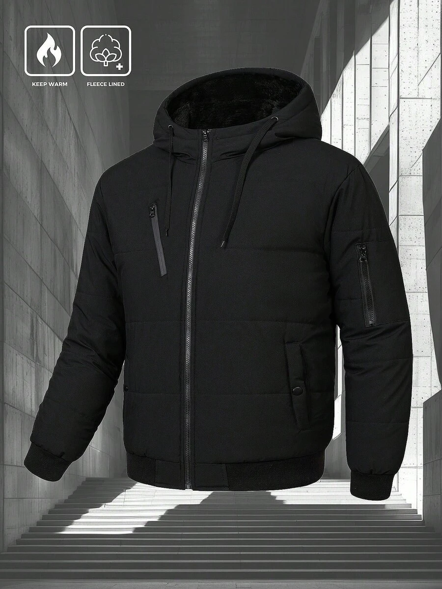 Manfinity Homme Men's Zipper Pocket Long Sleeve Hooded Padded Coat, Winter Fashion - Black - View 1