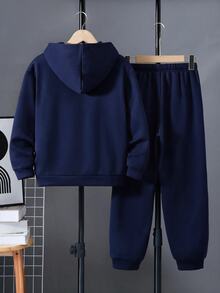 SHEIN 2件組兒童青少年男孩運動休閒日常舒適白色字母裝飾與白色條紋海軍藍寬鬆連帽衛衣與長褲套裝，適合外出、學校、日常運動，秋冬季 - 彩色 - 查看 2