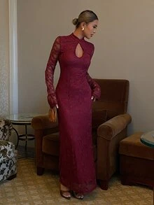 Livesso Gaun Wanita Elegan dengan Kancing dan Potongan Renda yang Manis - Burgundy - View 5