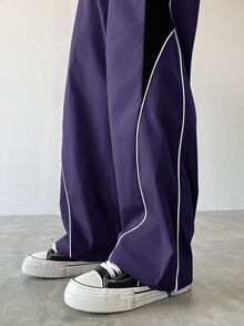 Manfinity EMRG Men's Casual Colorblock Drawstring Straight Leg Pants, Loose Long Patchwork Black Straight Leg Sweatpants For Outdoor - Purple - View 7
