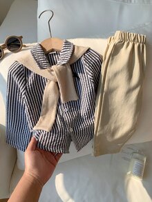 SHEIN 男女嬰兒/幼兒 3件組秋冬休閒可愛學院風條紋襯衫、長褲與披肩多件套裝，襯衫套裝，嬰兒冬季衣物，聖誕節、新年 - 黑與白 - 查看 8