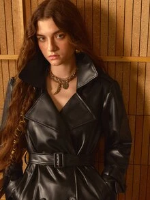 MOTF STUDIO Mantel Trench Kulit PU Double-Breasted Kerah Lebar Berikat untuk Wanita Musim Gugur/Dingin - Hitam - View 7