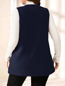 SHEIN PETITE CURVE 大尺碼純色無袖寬鬆口袋簡約休閒外套，春夏穿著，秋冬度假適用 - 藏蓝色 - 查看 2