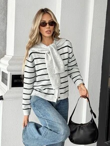 Pariaura Vintage Fashion Black Striped Detachable Shawl Design Soft & Cozy Casual Versatile Knit Cardigan - Grey - View 5