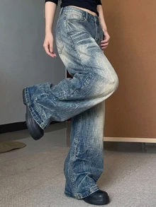DAZY Women's Deep Blue Washed Distressed High Waist Loose Wide Leg Patchwork Design Casual Versatile Denim Jeans Fall - Blue - View 9