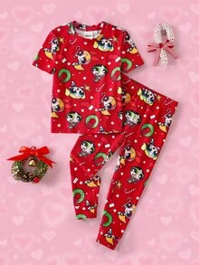 THE POWERPUFF GIRLS X SHEIN Young Girl Cartoon Print Short Sleeve Top And Long Pants Casual Daily Home Sleepwear Set - Red - View 1