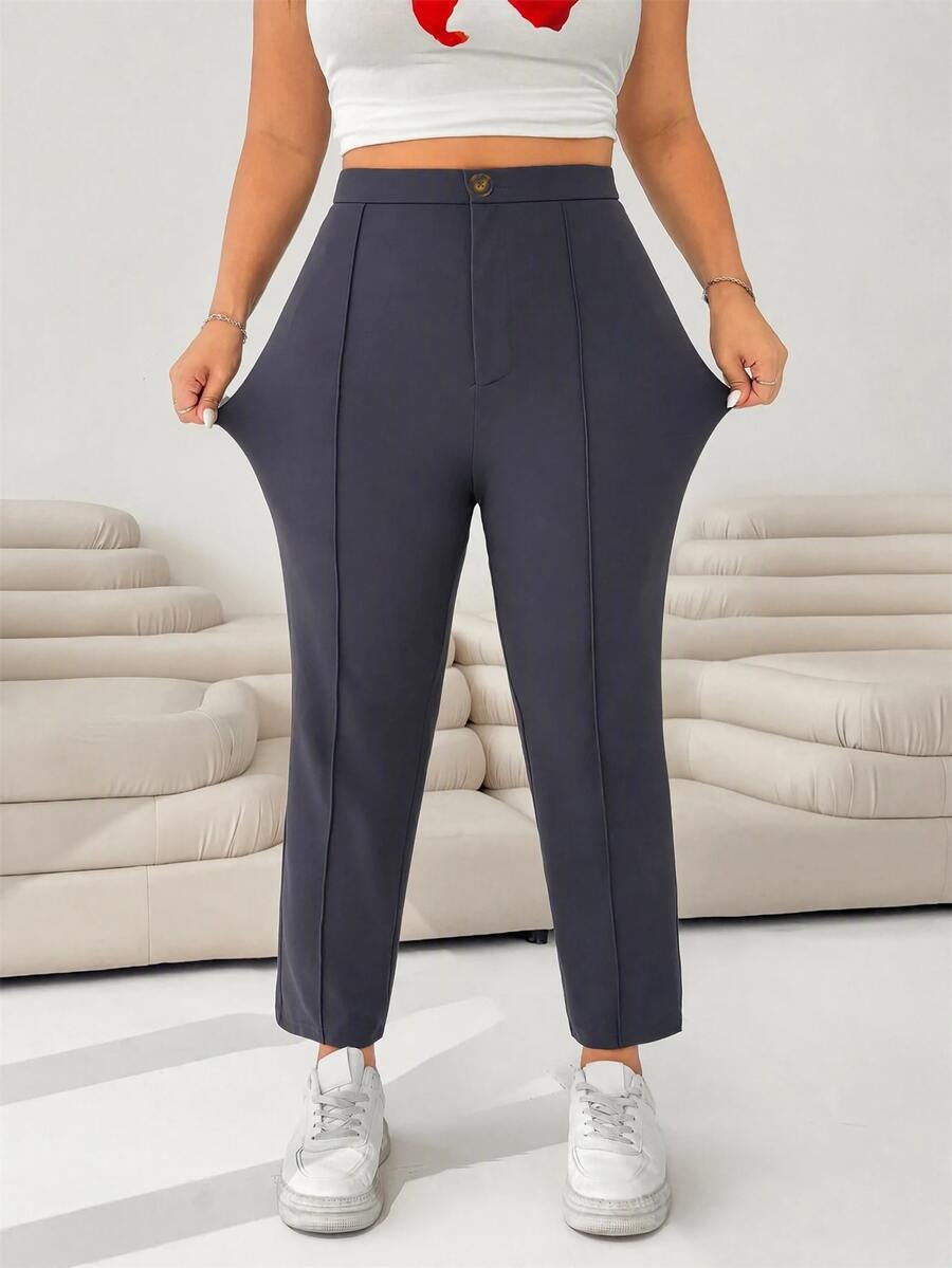 SHEIN EZwear 深灰色女款大尺碼針織 9/10 長度修身褲 - 深灰色 - 查看 1