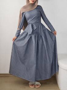 Solavon 女款時尚藍白條紋長袖度假洋裝，適合茶會、上班、早午餐、日常穿著，秋季端莊風 - 藍白色 - 查看 5
