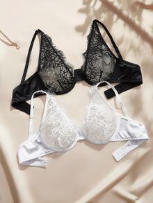 Charlaine Women's French Lace Underwire Fashion Bra 2pcs/Set Dual Color - Black and White - View 5