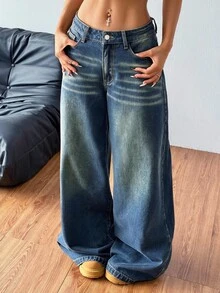 SHEIN PETITE CURVE 大尺碼女款口袋寬腿鬆垮休閒百搭牛仔褲 - 深色水洗藍 - 查看 2